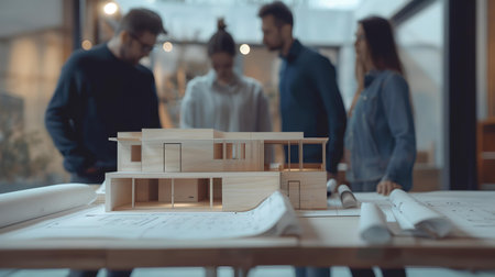 Focused group of professionals examining an architectural model in an office environment. detail and teamwork oriented. A.I.の素材