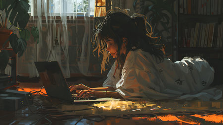 Digital artwork of a person focused on work in a peaceful, sunlit room filled with plants. stylish and inspiring. A.I.の素材