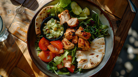 Fresh chicken salad plate with green leaves and vegetables on a sunny table. ideal for healthy lifestyle promotion. A.I.の素材