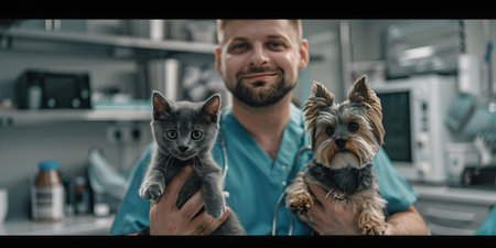 Smiling male vet holds a kitten and dog at a clinic, showing compassion and professional care for animals. A.I.の素材
