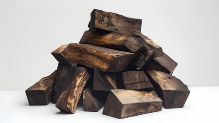 Close-up view of a neatly stacked pile of firewood on a simple background, embodying rustic charm. A.I.の素材