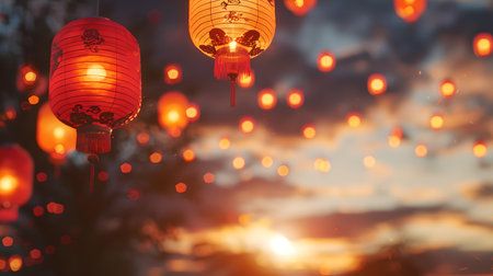 Illuminated red paper lanterns floating in the dusk sky, creating a serene, festive atmosphere at twilight. A.I.