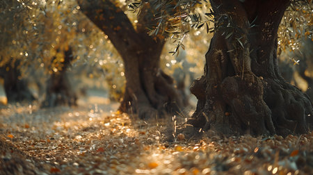 Golden sunlight filters through an old forest, casting a warm glow on the woodland floor. serenity in nature. A.I.の素材