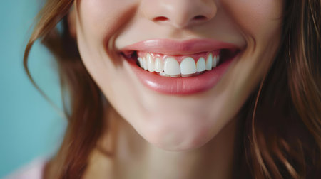 Vibrant close-up shot capturing a woman's bright smile, symbolizing happiness and dental health. A.I.の素材
