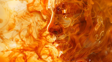 Abstract fluid art depicting a human face. vivid warm hues blend to create a dynamic visual effect. A.I.の素材