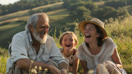 Elderly man, young woman and child laughing together in a sunlit field, depicting joy and family bonds. A.I.の素材