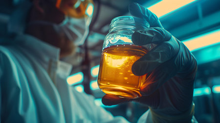 Close-up of a researcher analyzing a glowing liquid in a laboratory environment. scientific discovery theme. A.I.の素材
