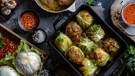 Overhead view of stuffed cabbage rolls in a dish, surrounded by spices and garlic, ready to serve. A.I.の素材