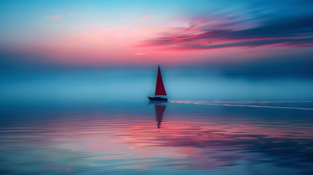 A serene sailboat on calm waters against a soft twilight sky, exemplifying peace and beauty in nature. A.I.の素材
