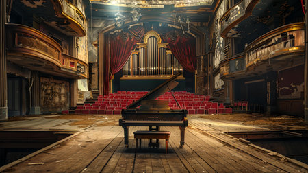 Grand piano taking center stage in a luxurious, vintage theater with splendid decor, awaiting a concert. A.I.の素材