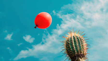 Surreal image of a red balloon near a sharp cactus against a blue sky backdrop. ideal for artistic concepts. A.I.の素材