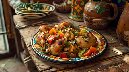 A rustic table holds a vibrant chicken stew with vegetables in a traditional ethnic plate. A.I.の素材