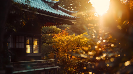 Traditional Asian temple amidst autumn foliage during sunset, conveying peace and tranquility. A.I.の素材