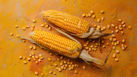 Vibrant yellow corn cobs on an orange backdrop with scattered kernels, perfect for food-related content. A.I.の素材