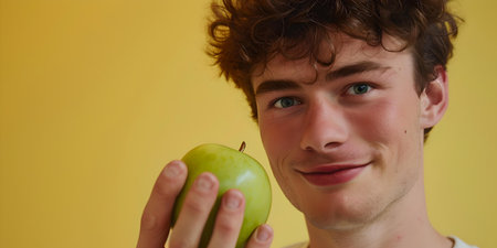 Smiling curly-haired young male presents a fresh apple, signifying health and nutrition against a vibrant background. A.I.の素材