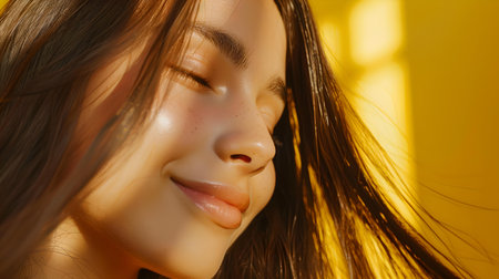 Close-up of a young woman enjoying the sun, exuding calm and happiness with a soft smile, bathed in warm light. A.I.の素材