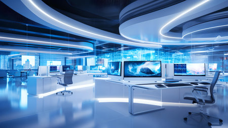 A modern, high-tech control room with glowing blue neon lights and advanced computer screens for monitoring. A.I.の素材