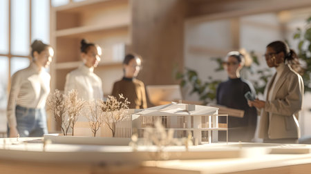 Focused group of professionals analyzing a building model in a well-lit office environment. collaborative effort. A.I.の素材