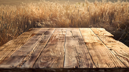 Empty rustic wood table against golden wheat field. perfect for product display with a nature vibe. A.I.の素材