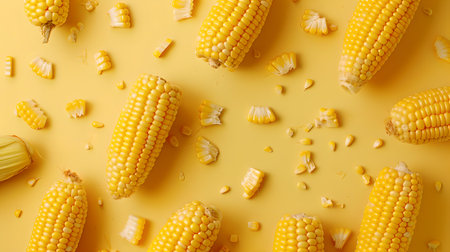 Overhead shot of ripe corn cobs scattered on a yellow surface, symbolizing healthy eating and agriculture. A.I.の素材