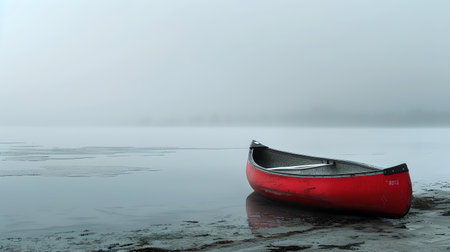 A lone red canoe rests on calm waters shrouded in morning mist, capturing tranquility and solitude. A.I.の素材
