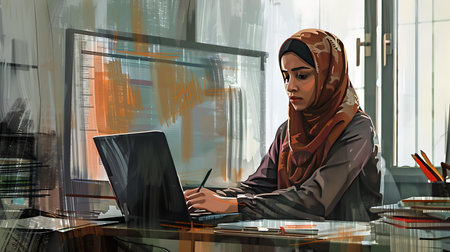 An ai-generated image of a woman concentrating on work at her computer in a well-organized office. A.I.の素材