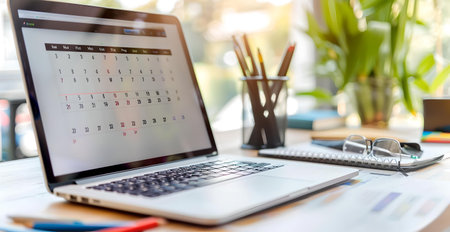 Bright workplace with open laptop showing a calendar. concept of organization and planning in a modern office. A.I.の素材