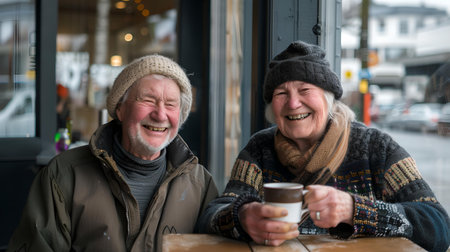 Elderly man and woman sharing laughter over coffee at a cafe, exuding warmth and companionship. A.I.の素材