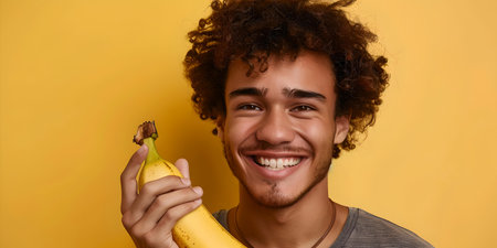 Cheerful curly-haired man pretending banana is a phone on yellow backdrop. casual and humorous image. A.I.の素材
