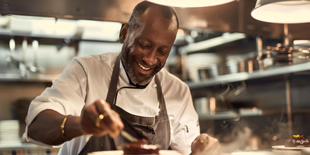 Professional chef with a passion for culinary arts, meticulously garnishing a dish in a bustling kitchen. A.I.の素材