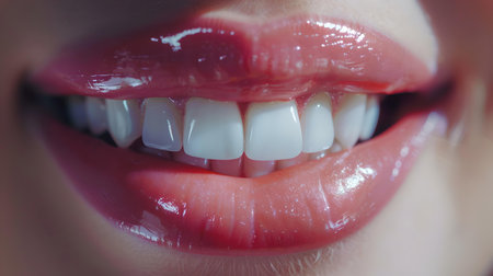 A close-up image capturing the beauty of a glossy, smiling mouth highlighting dental aesthetics and care. A.I.の素材