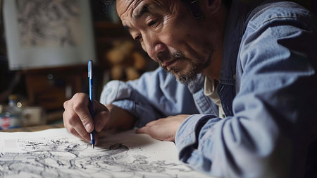 Focused mature male artist drawing detailed art in a studio, immersed in his craft with dedication and skill. A.I.の素材