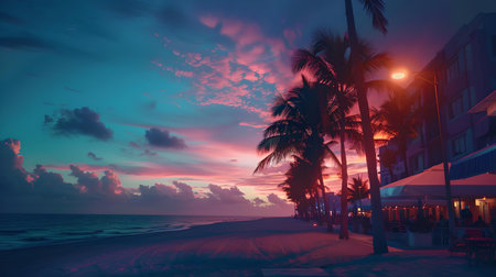 Idyllic seaside view at dusk, showing palm trees and a calm ocean under a colorful sky. A.I.の素材