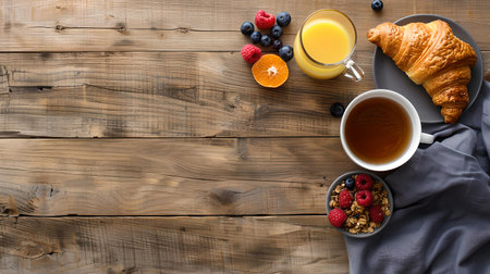 Top view of a cozy breakfast setup with fresh fruits and pastries on a rustic wooden table. A.I.の素材