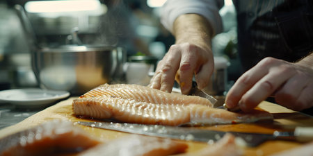 Close-up of a chef filling a fish on a chopping board, displaying expertise and finesse in a culinary scene. A.I.の素材