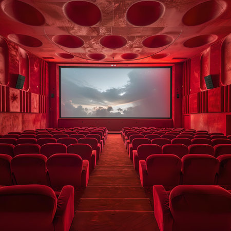 A vacant cinema hall with plush red seats and a serene cloudy sky on screen, exuding an aura of anticipation. A.I.の素材