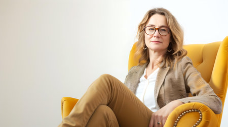 Elegant middle-aged woman in casual attire sitting relaxed in an office chair, exuding confidence. A.I.の素材
