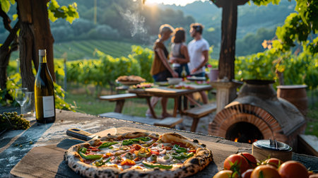 Group of friends sharing a fresh pizza outdoors. vineyard picnic scene with a cozy, culinary vibe. A.I.の素材
