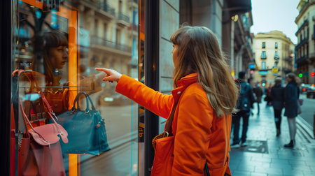A candid moment of a lady window-shopping on a bustling city street. lifestyle and retail concept. A.I.の素材