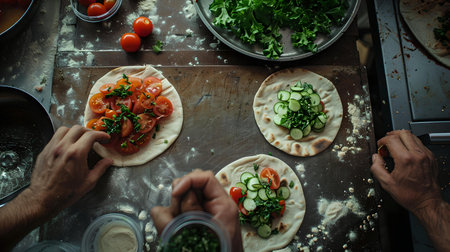 Overhead shot of hands crafting pizza with fresh ingredients on a wooden table, portraying a homely feel. A.I.の素材