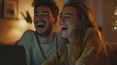 Joyful man and woman enjoying a fun moment with a computer in a warmly lit room. happiness captured. A.I.の素材