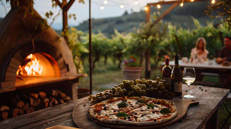 Outdoor dinner with fresh pizza, friends, and vineyard view. perfect for culinary and travel themes. A.I.の素材