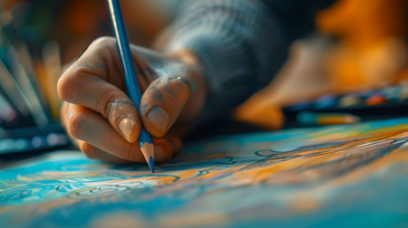 An artist's hand meticulously adds details to a colorful painting, showing the beauty of artistic creation. A.I.の素材