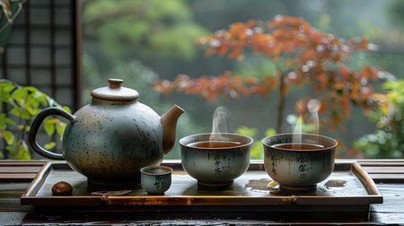 Traditional tea ceremony setup with a teapot and two cups emitting steam, symbolizing tranquility. A.I.の素材