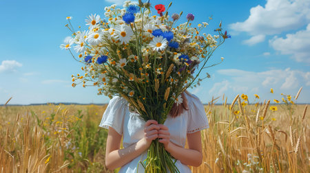 Image of a person with a vibrant wildflower bouquet in a wheat field, embodying the spirit of summer. A.I.の素材
