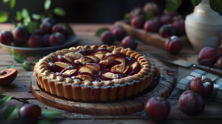 Delicious fresh-baked plum tart in a rustic setting, invoking a warm, homey feel perfect for food blogs. A.I.の素材