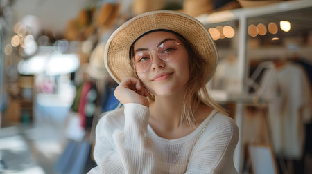 Trendy young lady in a boutique setting sports a chic summer hat, exuding casual elegance. perfect for style content. A.I.の素材