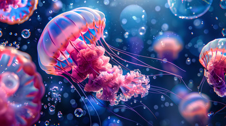 Stunning image of colorful jellyfish submerged in a mystical blue ocean, perfect for decor and themes of nature. A.I.の素材