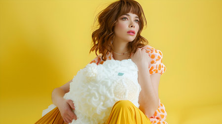Fashionable female model poses in a chic white top and yellow trousers. bright color contrast. A.I.の素材