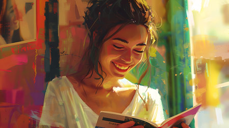 Smiling young lady engrossed in reading, bathed in warm light amidst vibrant colors. ideal for lifestyle themes. A.I.の素材